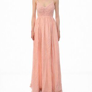 Designer 100% Cotton Maxi Dress | Pink Lace Embroidered Long Dress | Open Back